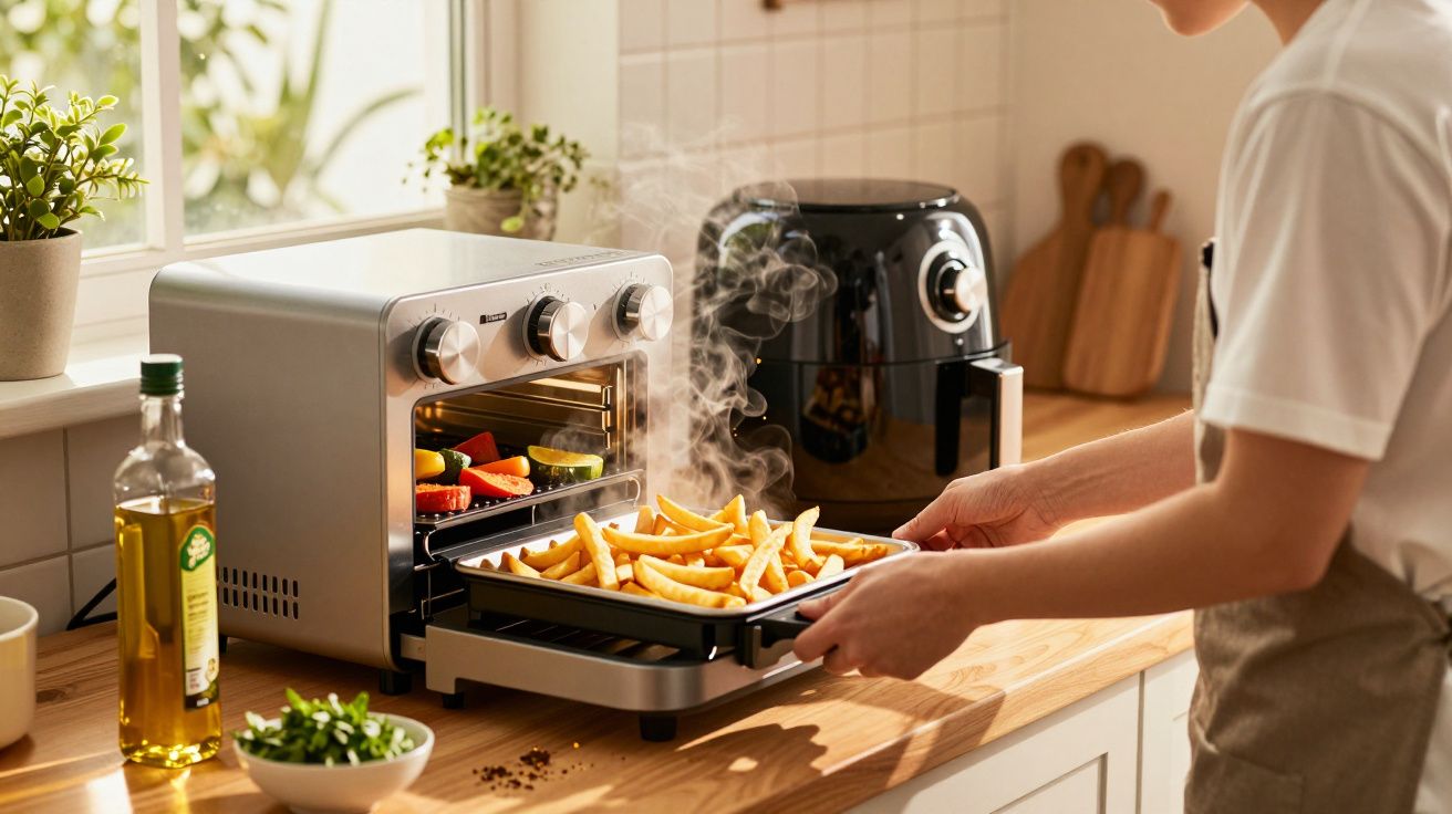 Pessoa a retirar batatas fritas quentes de forno elétrico numa cozinha iluminada e organizada.