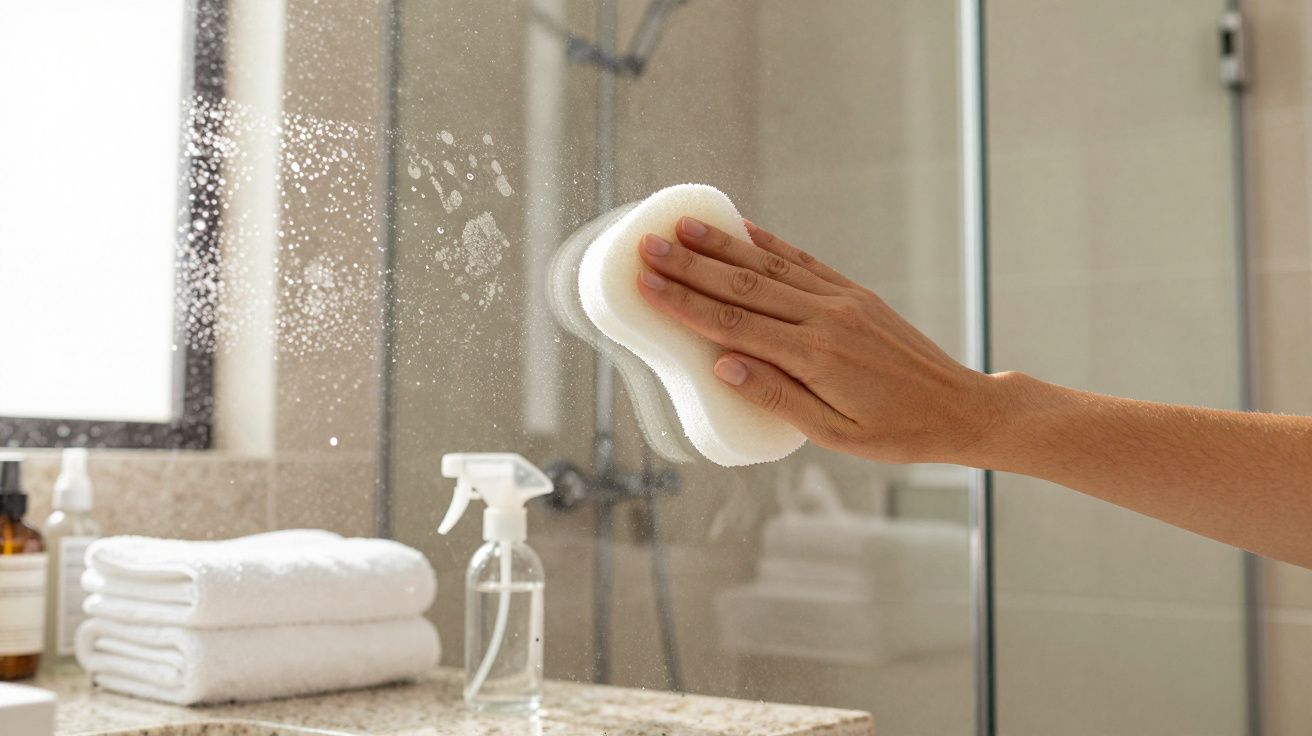 Pessoa a limpar espelho de casa de banho com esponja branca e spray de limpeza sobre bancada com toalhas dobradas.