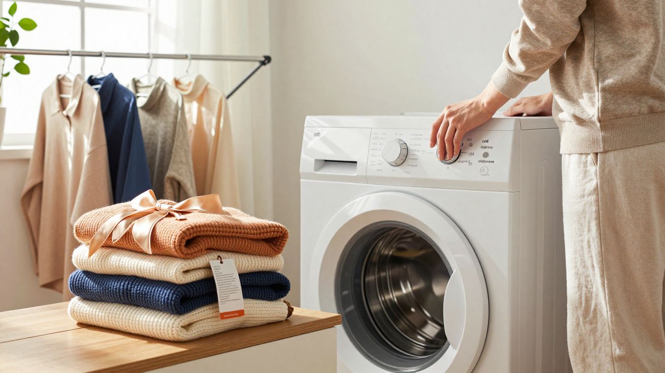 Pessoa a ligar uma máquina de roupa branca com roupas dobradas e casacos pendurados ao fundo.