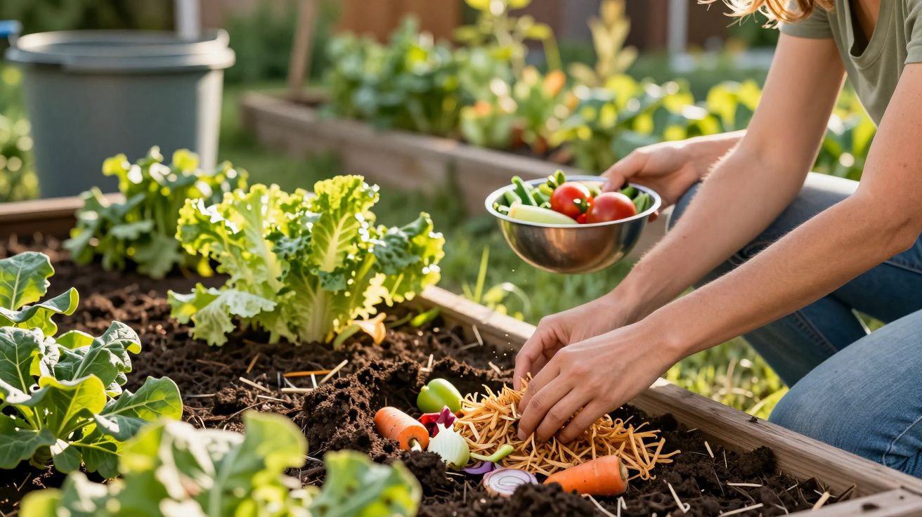 Pessoa a compostar restos vegetais num canteiro de jardim com plantas verdes ao redor.