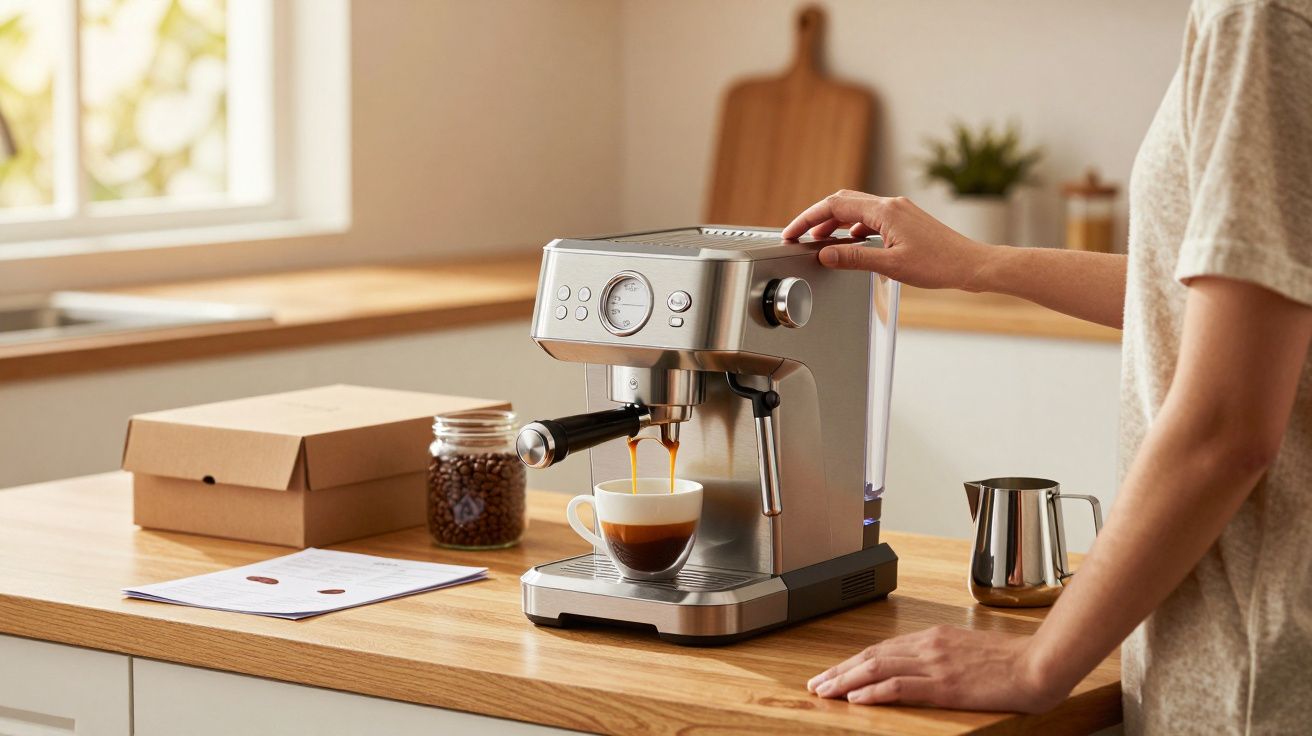 Pessoa a preparar café numa máquina de espresso numa cozinha com bancada em madeira e luz natural.