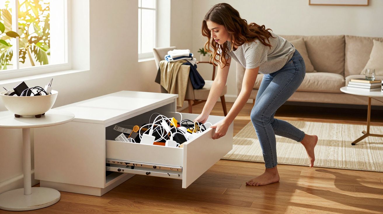 Mulher a organizar cabos e carregadores eletrónicos numa gaveta de móvel branco numa sala iluminada.