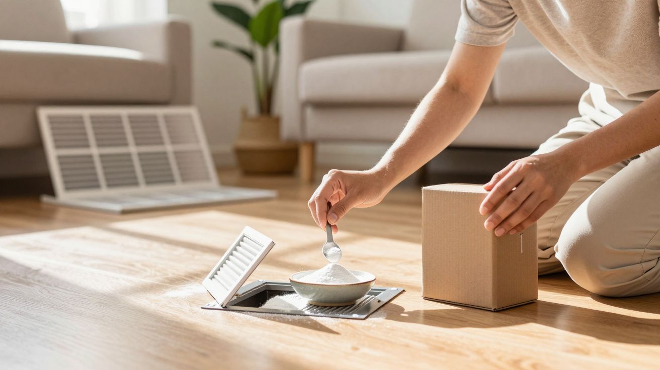 Pessoa a colocar pó branco numa armadilha de pragas num piso de madeira numa sala de estar.