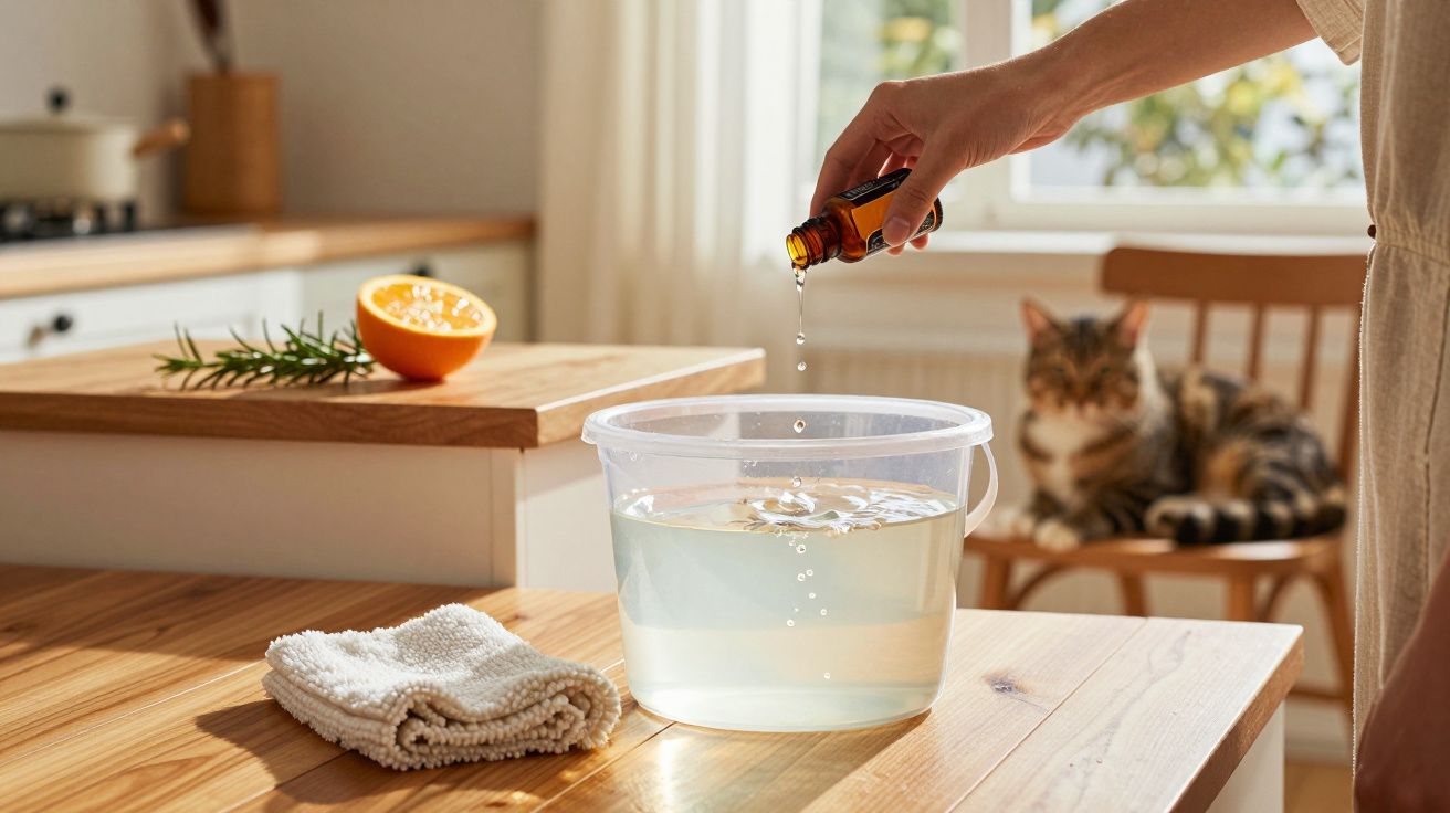 Mão a pingar óleo essencial num balde com água numa mesa de cozinha com gato ao fundo.