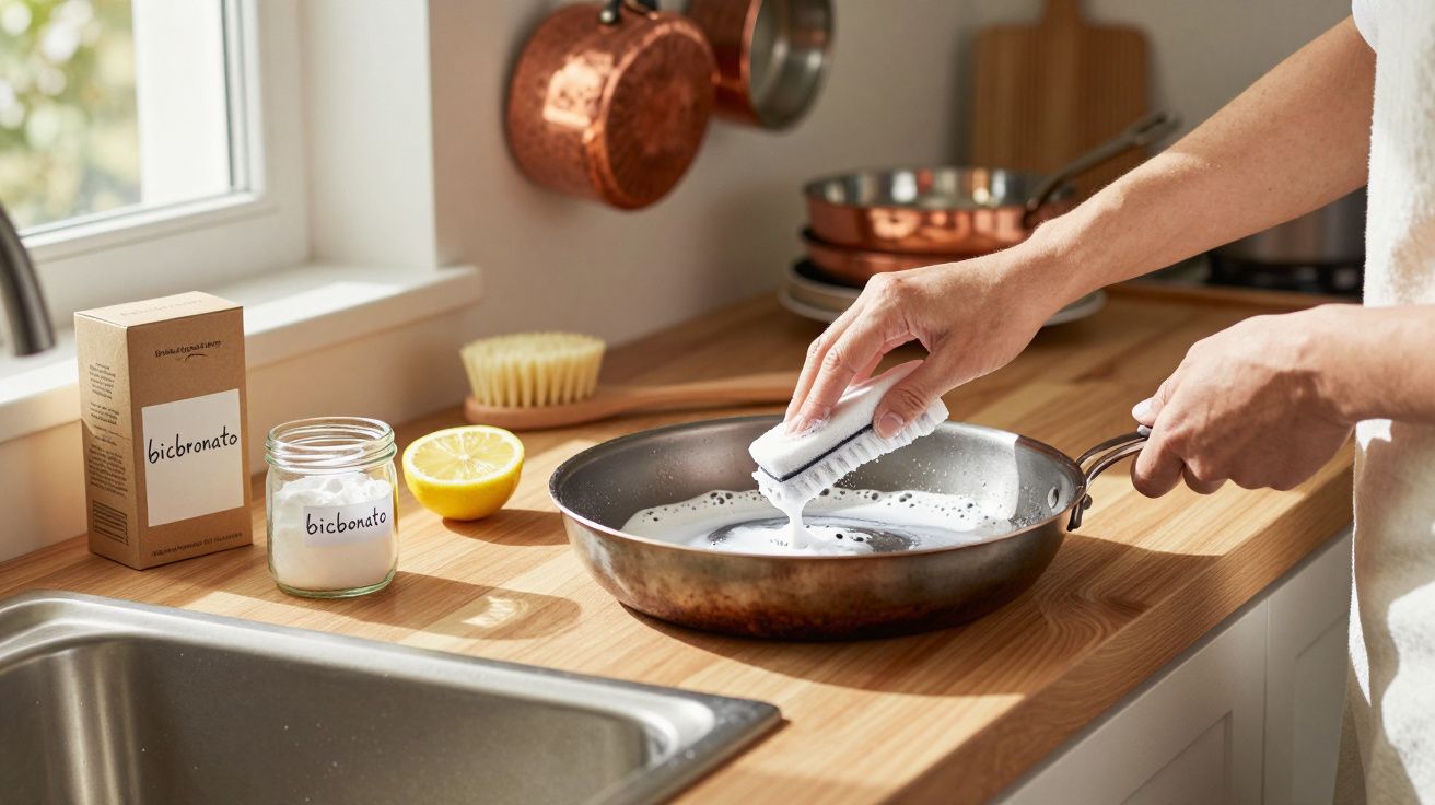 Pessoa a esfregar frigideira com espuma, bicarbonato e limão visíveis na bancada da cozinha.