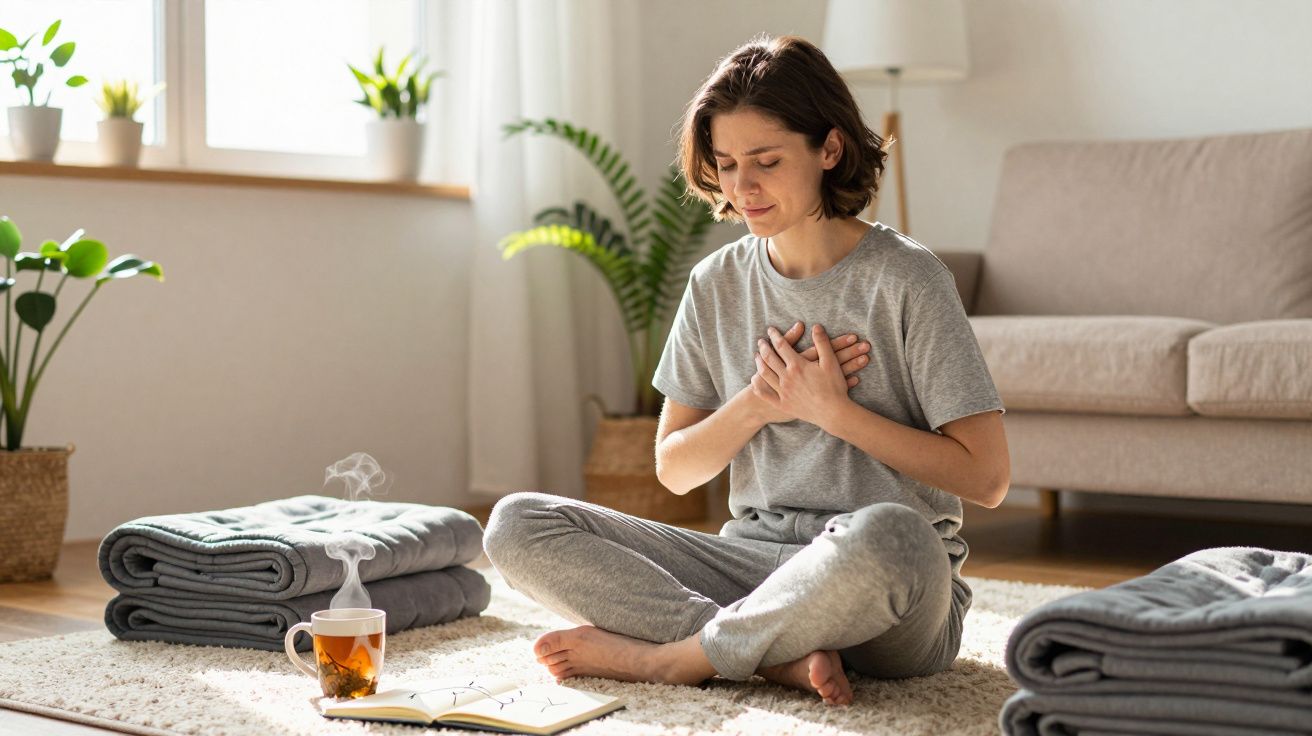 Mulher sentada no chão de sala, com as mãos no peito, ao lado de chá quente e mantas dobradas.