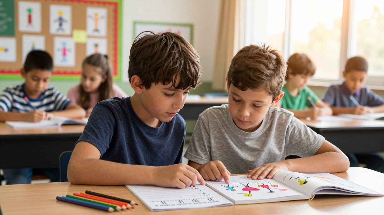 Duas crianças a estudar juntas numa sala de aula com lápis de cor na mesa e colegas ao fundo.