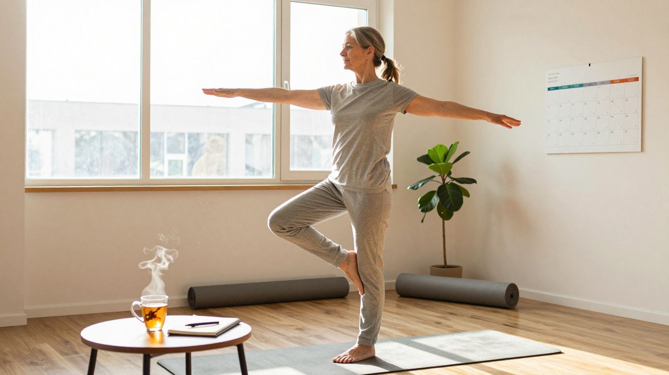 Mulher a praticar yoga numa sala iluminada, em posição de equilíbrio numa perna só.