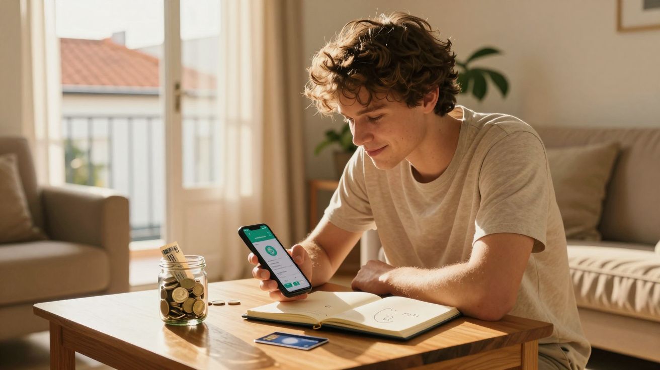 Jovem sentado numa mesa a usar aplicação de finanças no telemóvel com cofrinho e caderno à sua frente.