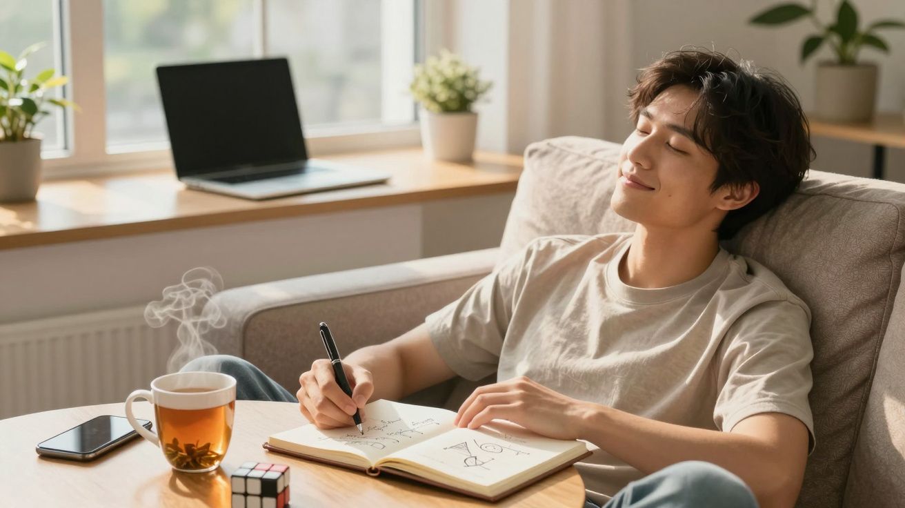 Jovem sentado no sofá a escrever num caderno, com chá quente e um cubo mágico numa mesa à frente.