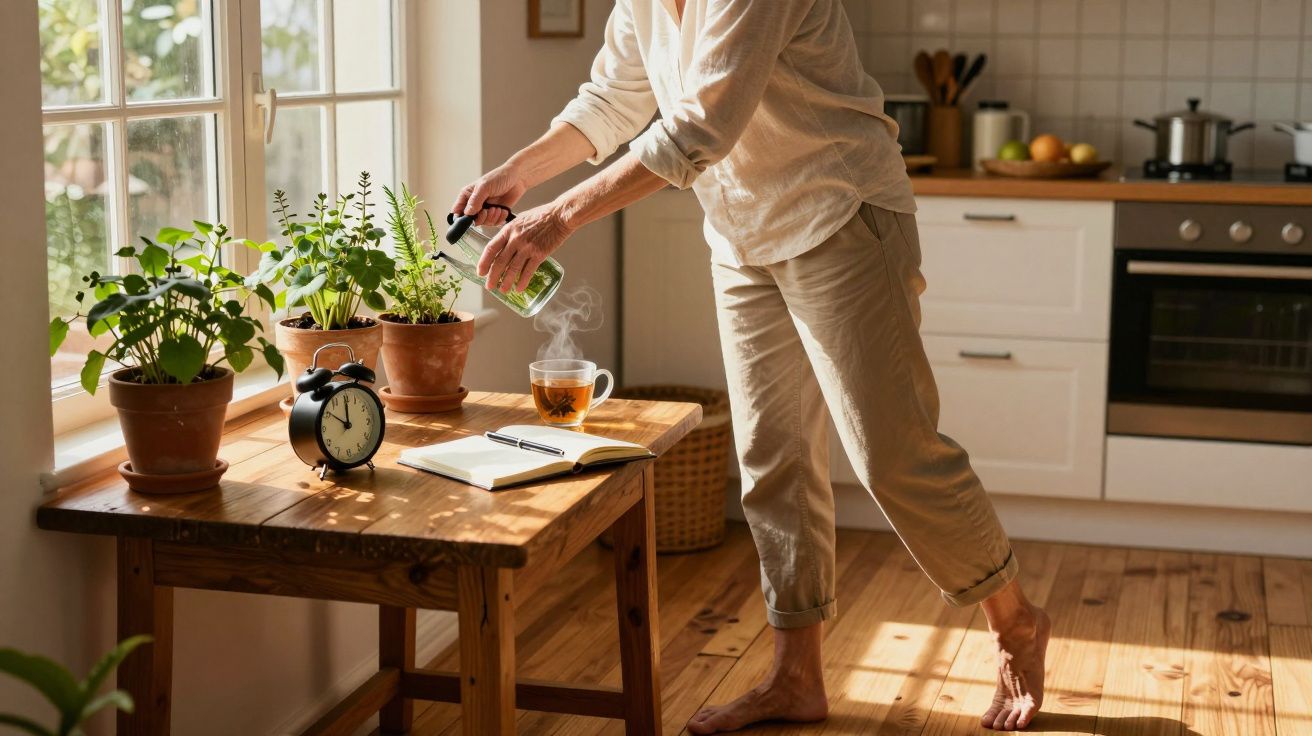 Pessoa a regar plantas com frasco de spray numa cozinha iluminada pelo sol, com livro aberto e chá na mesa.