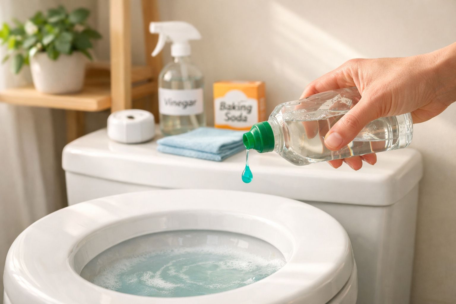 Pessoa a aplicar líquido limpador azul na sanita com produtos naturais de vinagre e bicarbonato ao fundo.