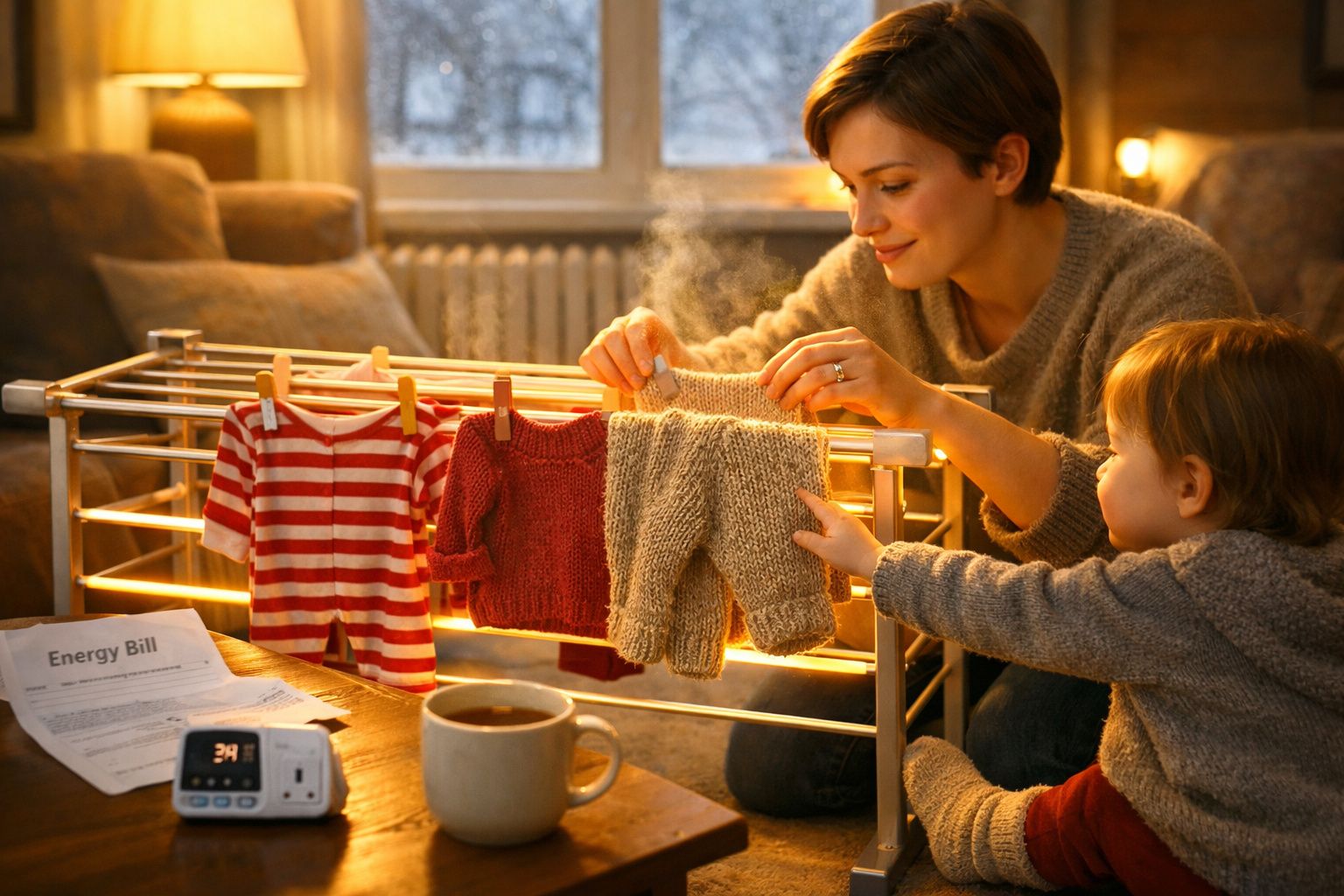Mulher e criança penduram roupa quente num estendal dentro de casa num ambiente acolhedor.